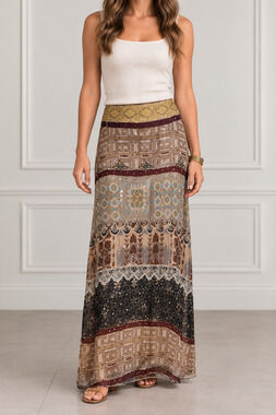 WD.NY Abstract Maxi Skirt Size 6 100% Silk Sequin Broomstick Tribal Artsy Gypsy